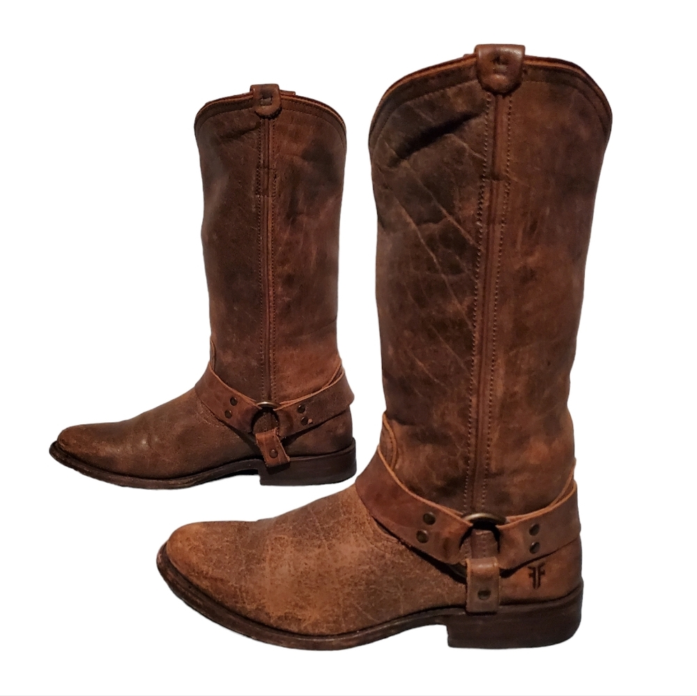 Frye Brown Leather Harness Cowboy Boots